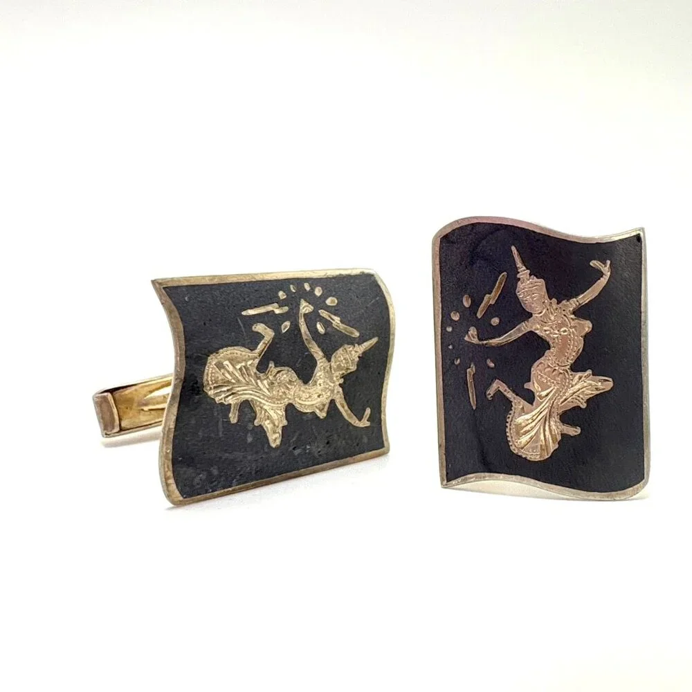 Antique Siam Dancing Girls Cufflinks Sterling Silver 925 Size 0.75